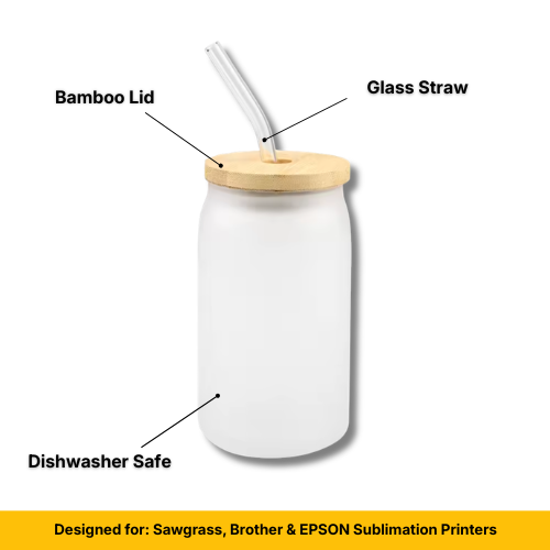 Craft Express 13oz Frosted Glass Cans with Bamboo Lids & Straws – Sublimation-Ready