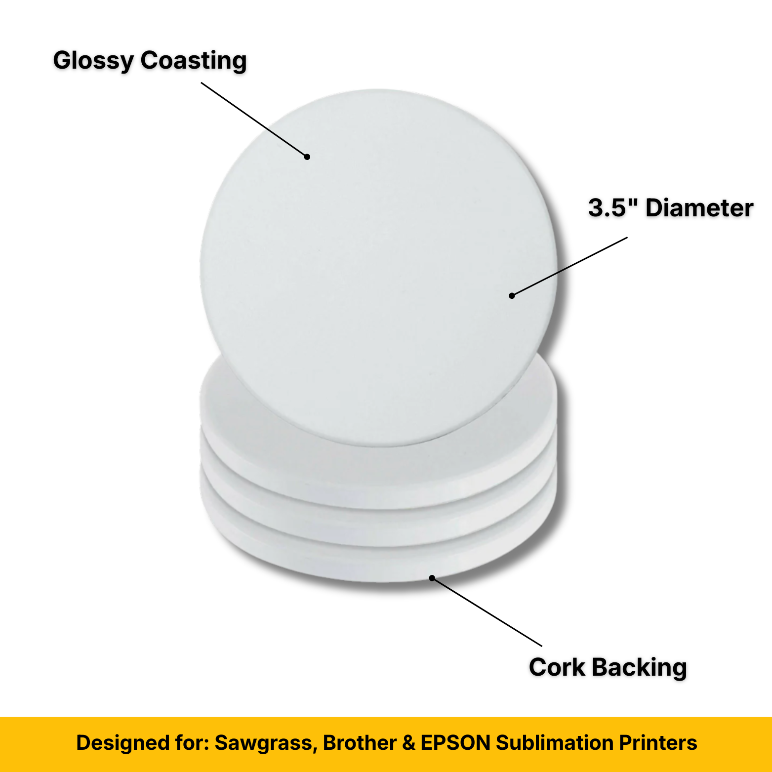 Craft Express 3.5" Round Ceramic Sublimation Coasters – Glossy White with Cork Back