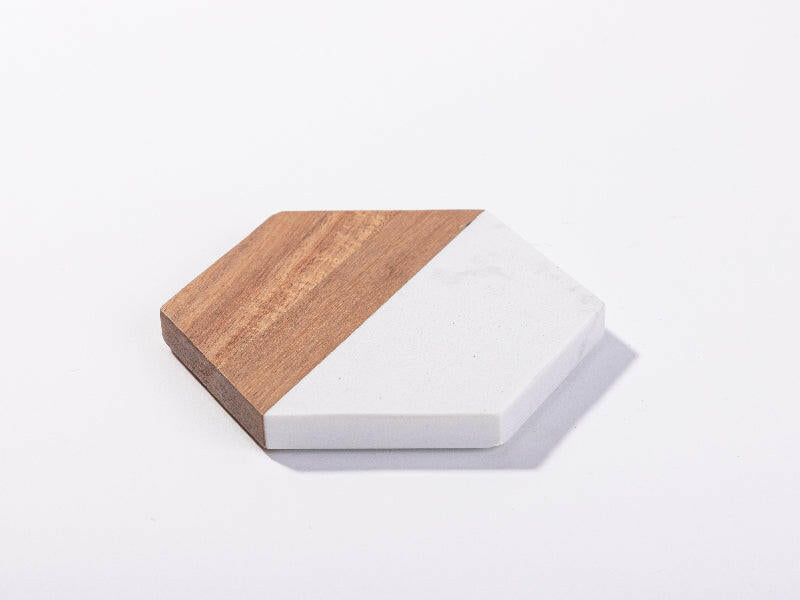 Craft Express 4 Pack Engravable Hexagonal Marble and Wood Coasters – 4" Laser-Ready