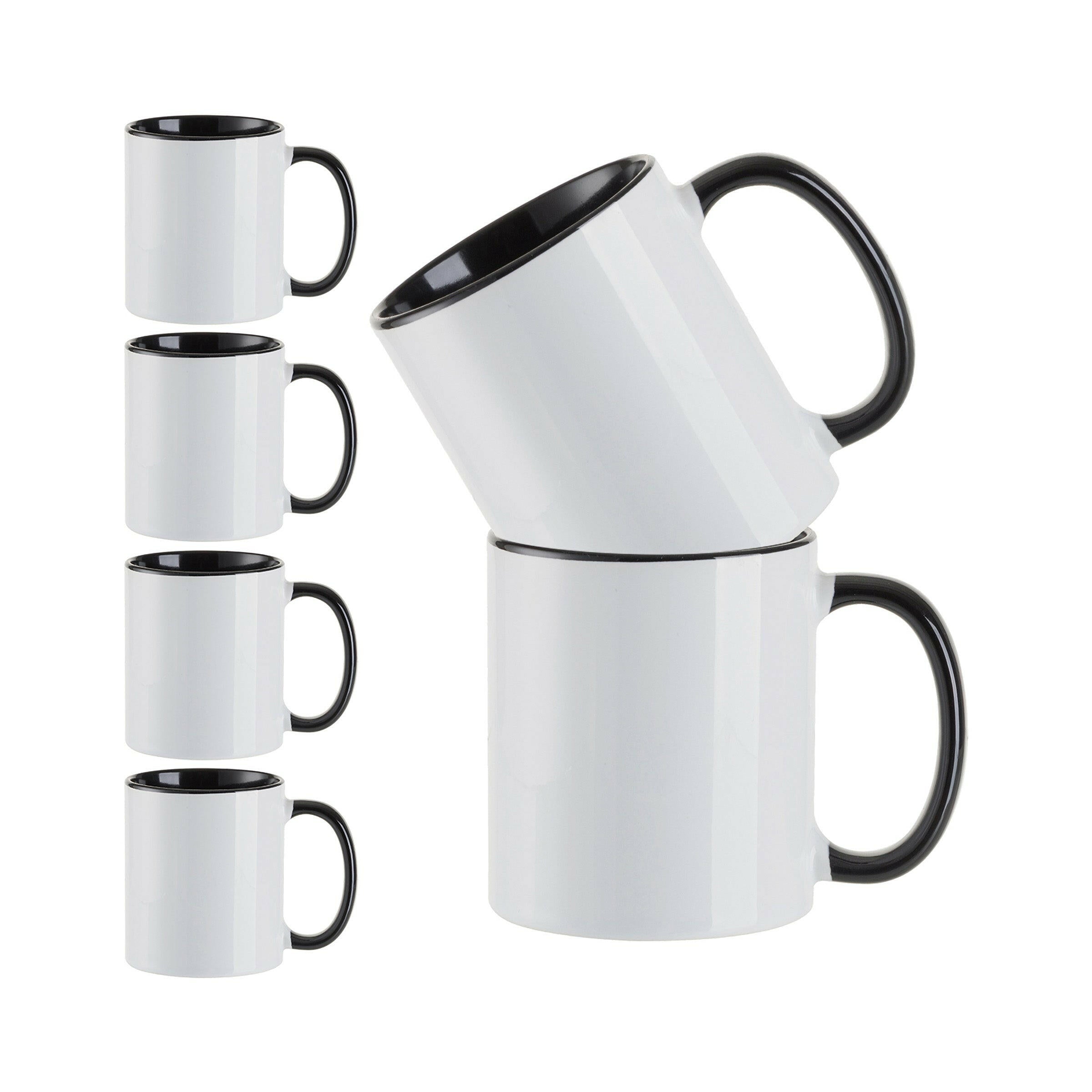 6 white sublimation coffee mugs with black handles