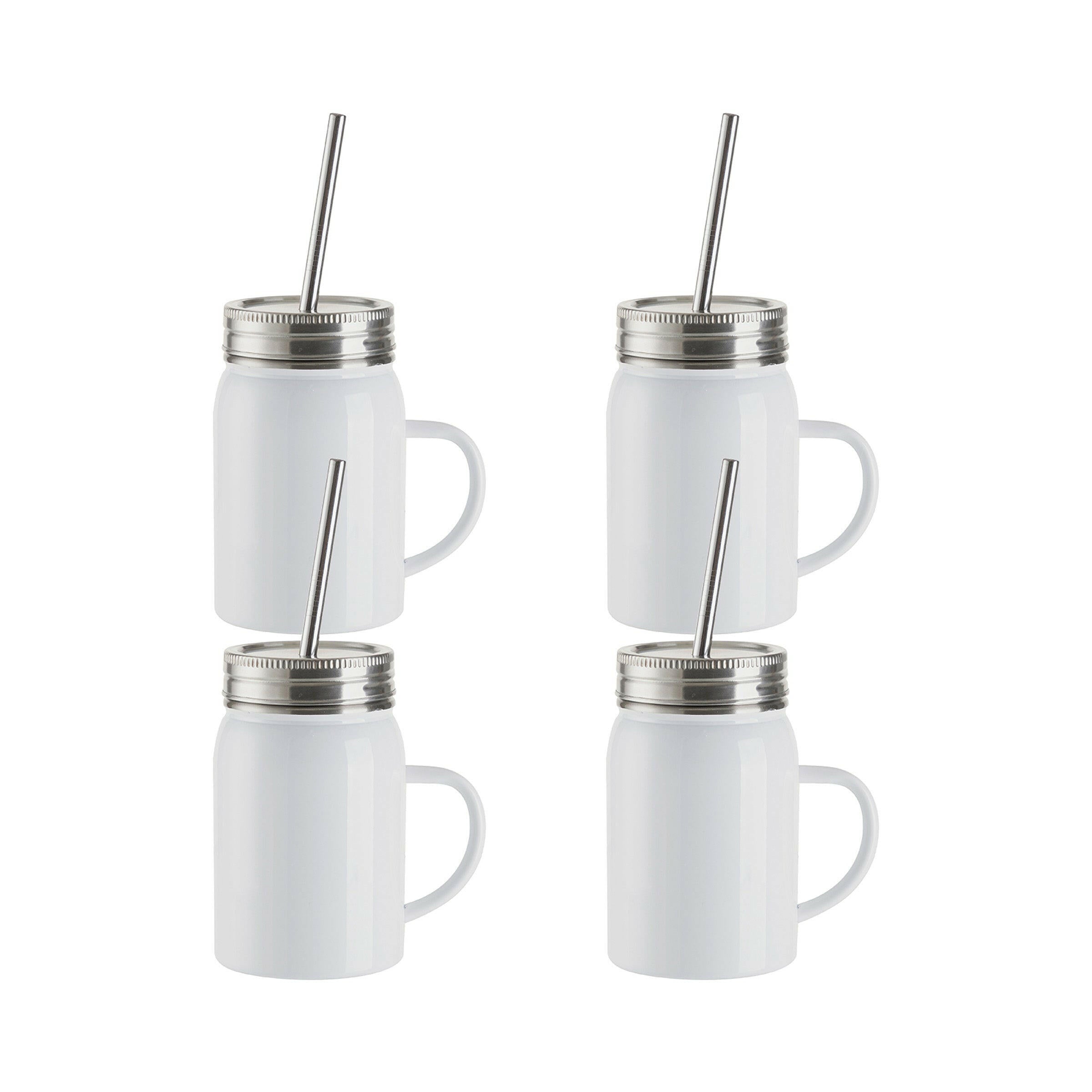 17oz Stainless Steel Handled Lidded Mason Jars With Straws - 4 Pack.