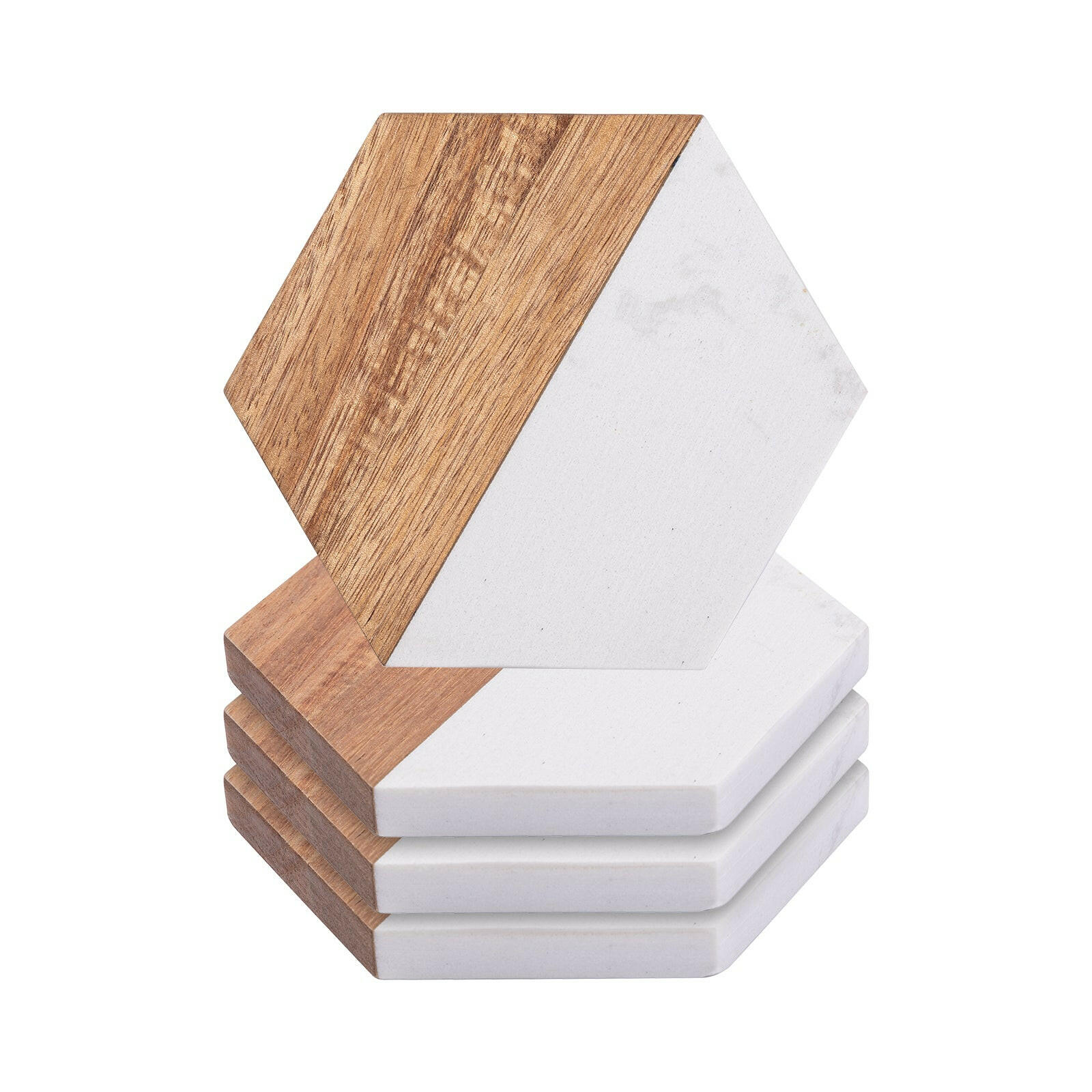 Engravable Hexagonal Marble Wood Coasters - 4 Pack.